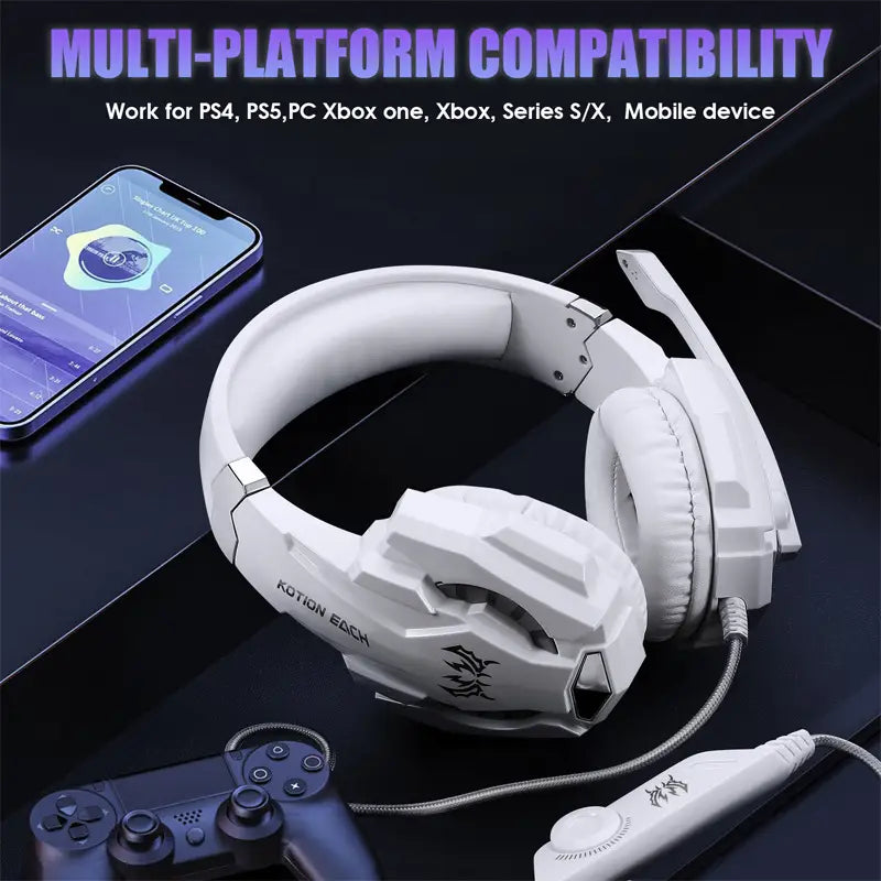 White Head Mounted Gaming Headset with Adjustable Microphone