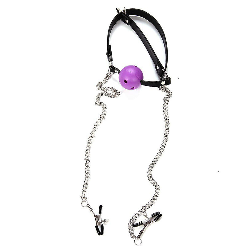 Ball gag With Attached Nipple Clamps For Adult Bondage BDSM Play - Pleasures and Sins   Pleasures and Sins