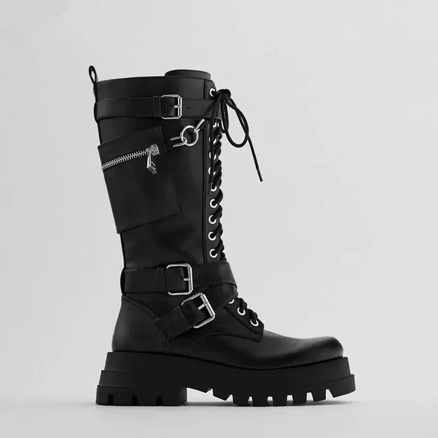 Lace Up Silver Chain Women's Thick Heel Knee High Motorcycle Boots