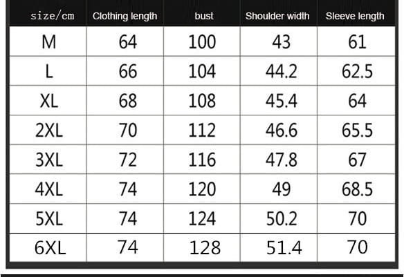 Size chart for Men’s Casual Harrington Style Hooded Zipper Jacket in cm from M to 6XL.