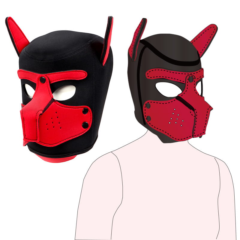 Two colorful black and red neoprene puppy masks for role play BDSM fun.