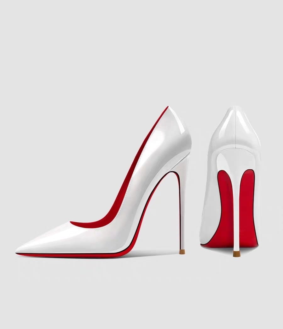 White stiletto heels with red soles from Pure Desire Luxury for effortless elegance.