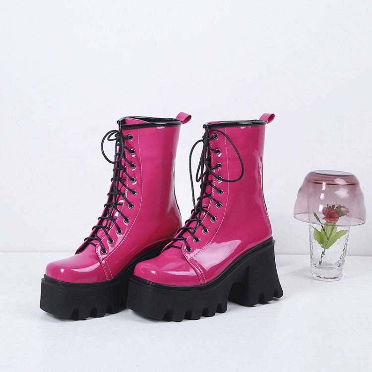 Autumn Thick Heel Short Lace Up Patent Boots