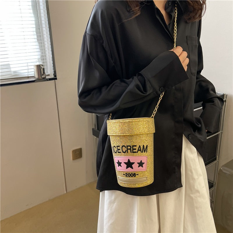 Sequin crossbody small round bag In shape of ice cream pot design - Pleasures and Sins   Pleasures and Sins