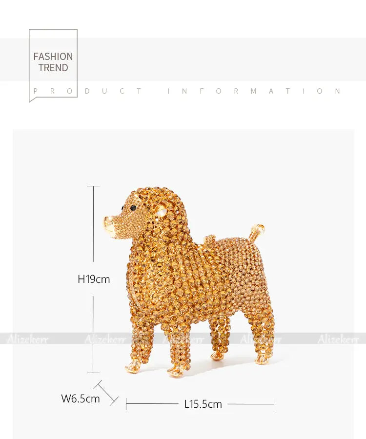 Golden beaded dog sculpture in a standing pose on a designer dog shaped crystal handbag.