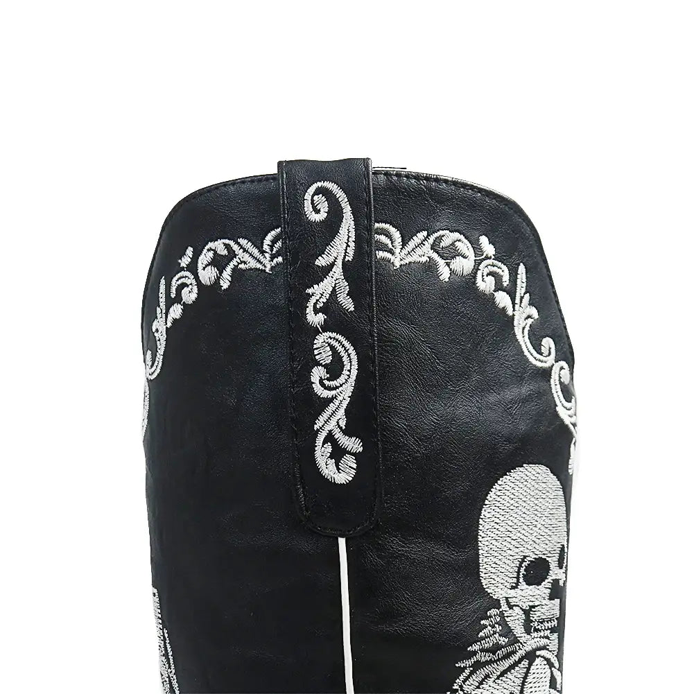 Bottes de cowgirl à talons hauts pour femmes à mi-mollet et à talons courts Skull