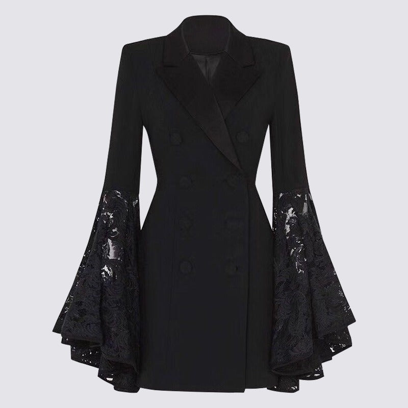 Women's black fashionable suit jacket with lace bat wing sleeves