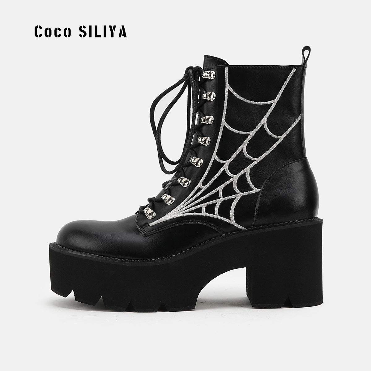 Women's Cobweb Halloween Boots With Chain Detail Thick Sole Boots