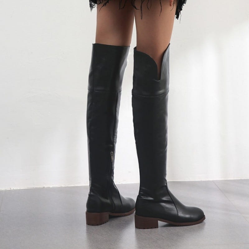 Over The Knee Flat Low Square Heel Ladies Riding Style Boots