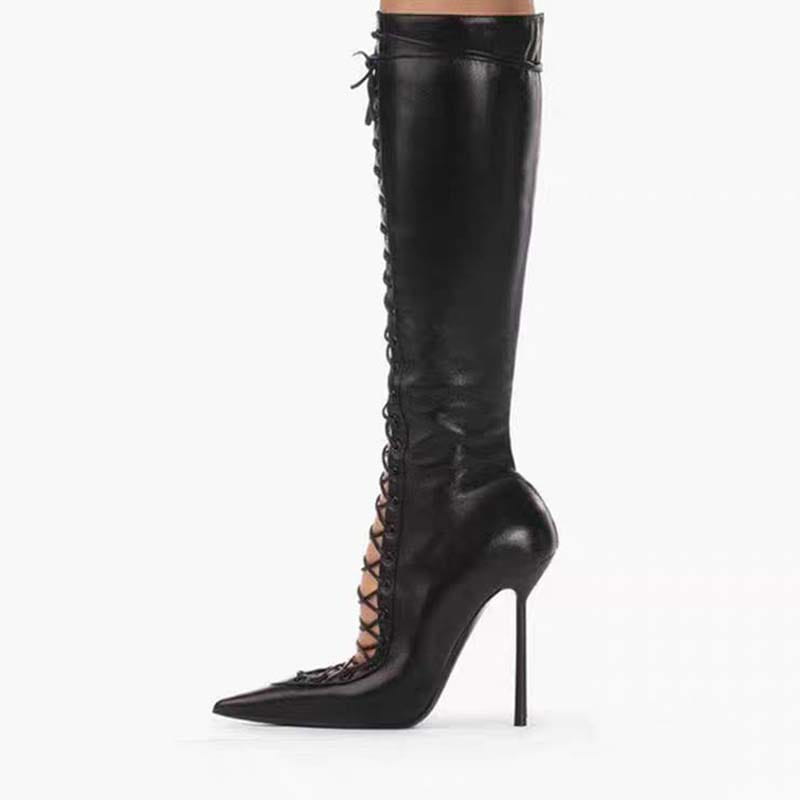 Black leather knee-high stiletto heel dominatrix sandal boots with lace-up detail.