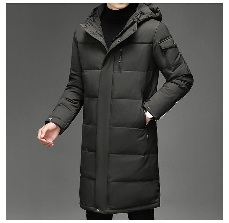 Stylish long black hooded knee length coat with thermal insulation and zippered pockets.