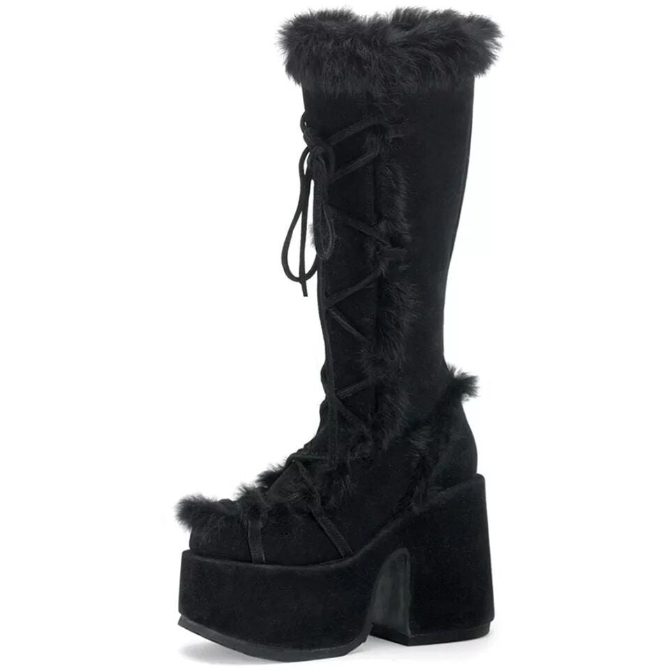 Women’s Winter Faux Suede And Fur Lace Up Platform High