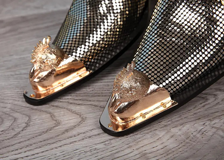 Metallic gold leather formal shoes with pom-pom details for a trendy pointed toe look.