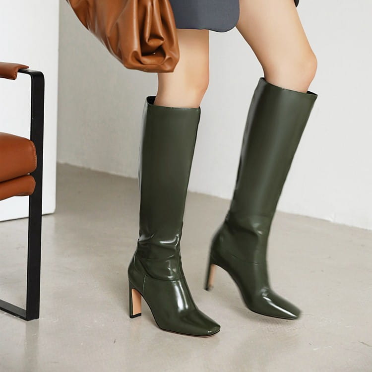 Burgundy Wedge Heel Knee High Boots for Ladies in olive green with metallic block heels.