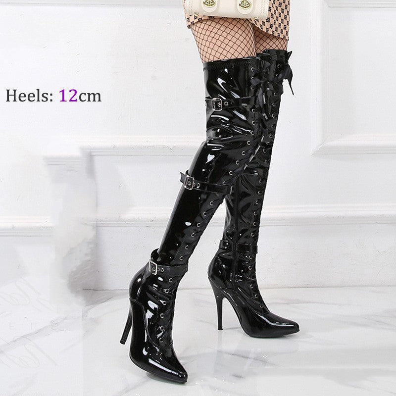 Unisex Patent Mirror Buckle 12cm Sexy Over-the-knee Boots Pointed Stiletto High-top Unisex BootsIn Black, Red, Pink and Rose Red