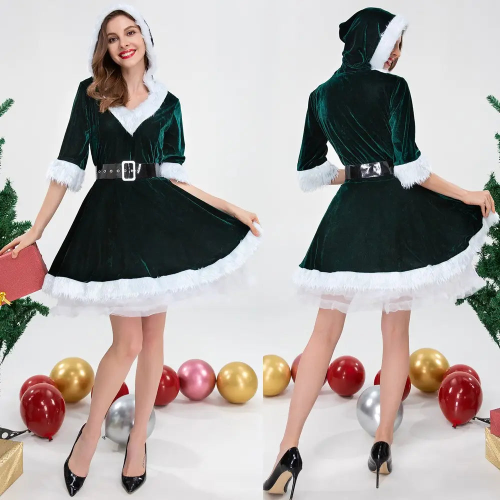 Festive Mother Christmas Hooded Dresses in Red and Green