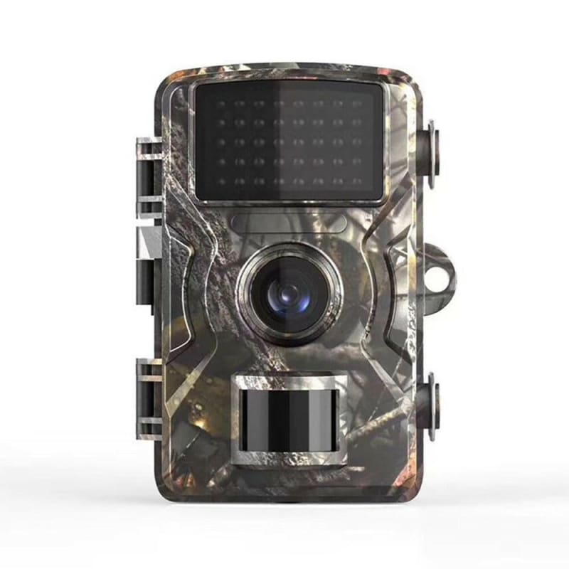 Trail camera with camouflage pattern and infrared LEDs.