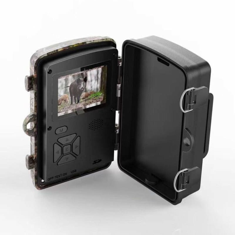 Trail camera or game camera with an open casing showing its screen and controls.