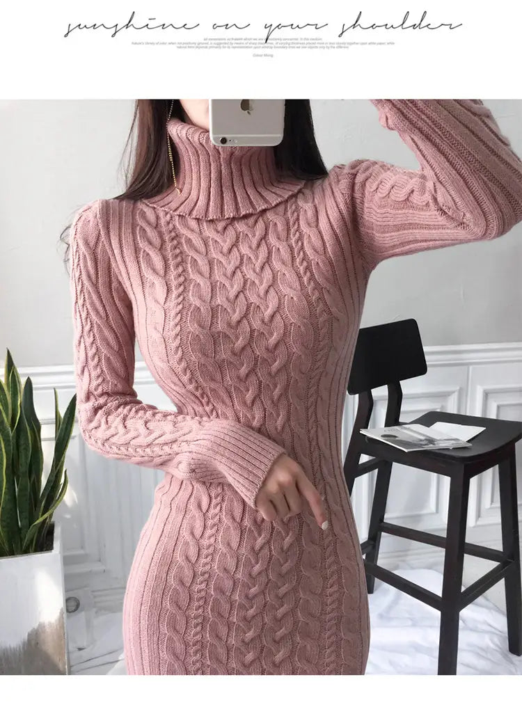 Pink cable-knit turtleneck sweater dress, a stylish ladies roll neck knitted figure hugging maxi dress.