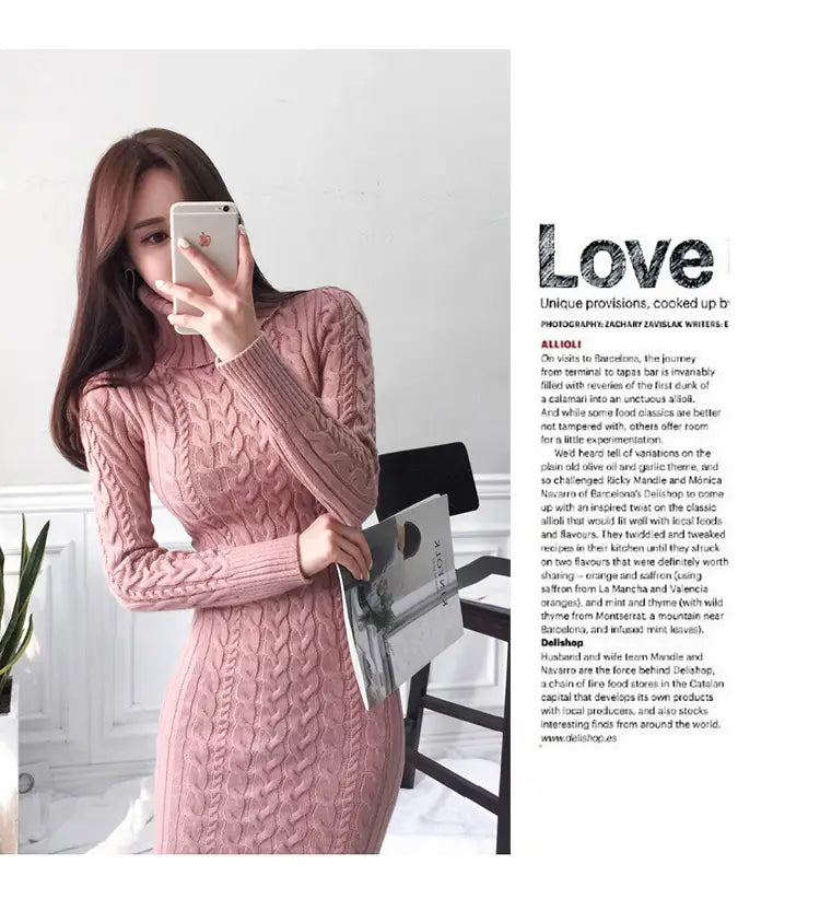 Pink cable-knit sweater dress with long sleeves, perfect ladies roll neck knitted style.