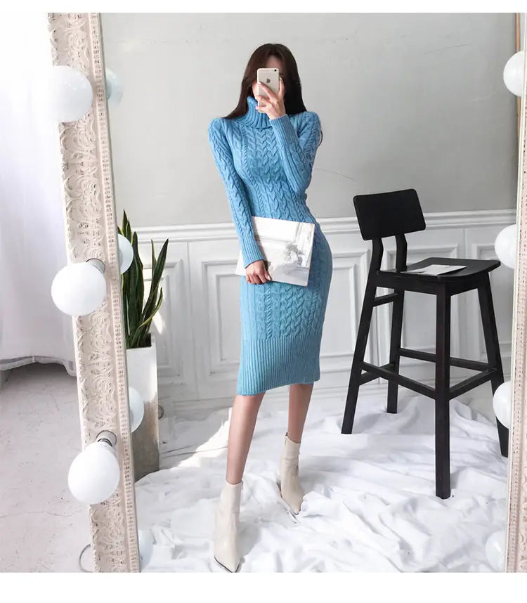 Light blue cable-knit sweater dress, perfect ladies roll neck knitted figure hugging maxi dress.