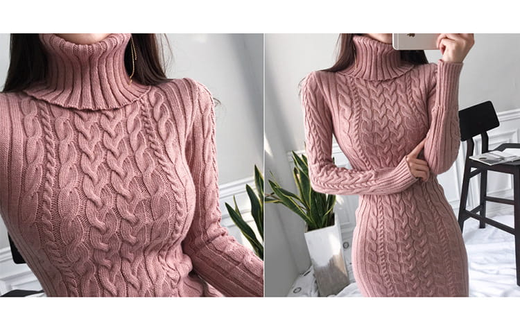 Pink cable-knit turtleneck sweater dress, perfect ladies roll neck knitted figure hugging maxi dress.