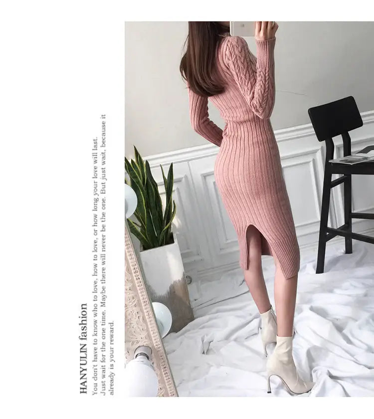 Pink knitted sweater dress with side slit, perfect ladies roll neck knitted figure hugging maxi dress.