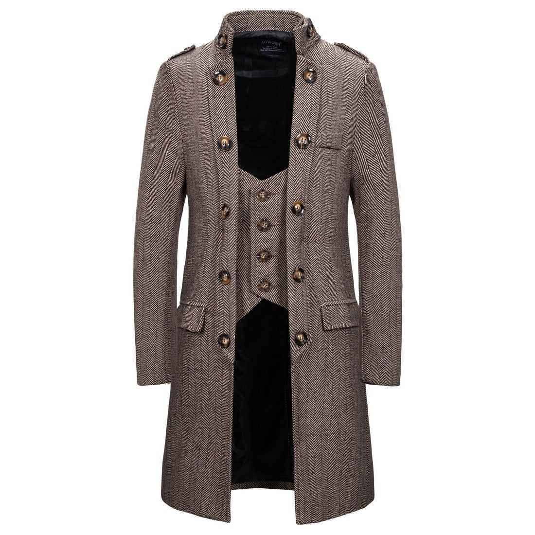 Mens Mid-length Herringbone Overcoat With Attached Waistcoat