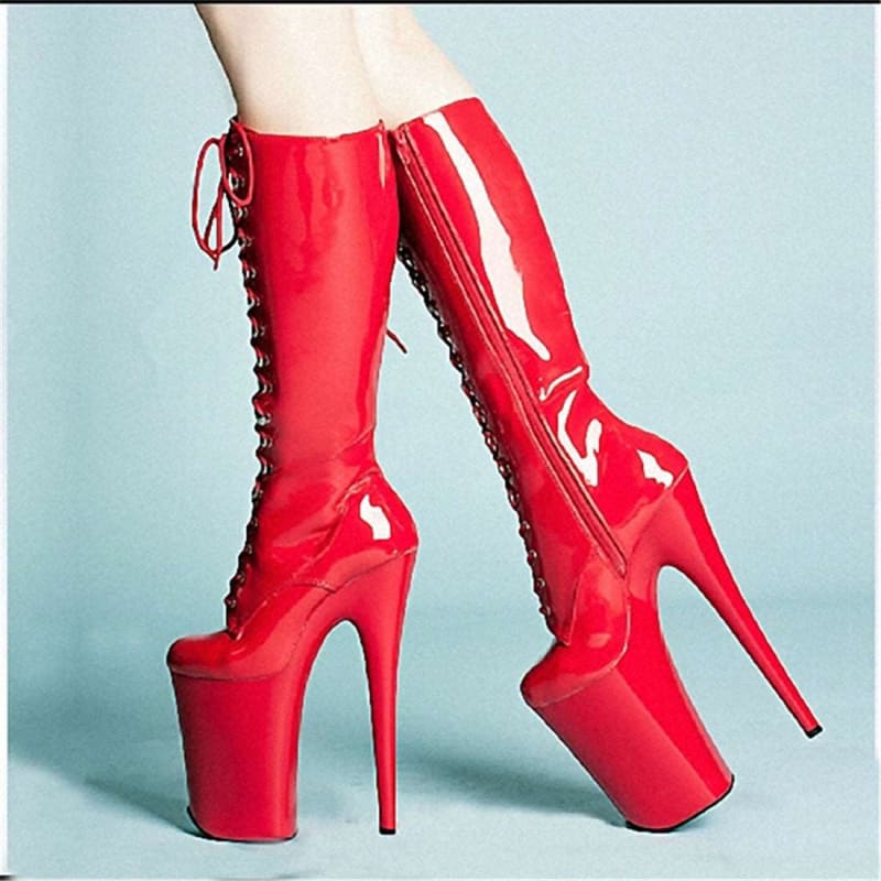 Mid Leg Patent Leather, Round Toe Boots, Lace Up Platform Heel Boots - Pleasures and Sins   Pleasures and Sins