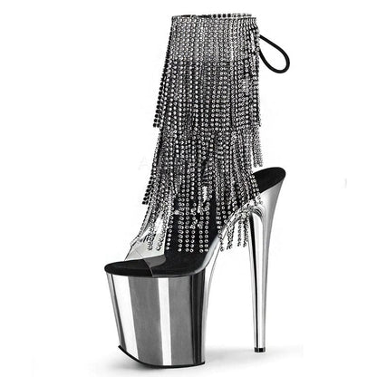 20cm Heel Peep Toe with Fringe and Rhinestones Black / 5