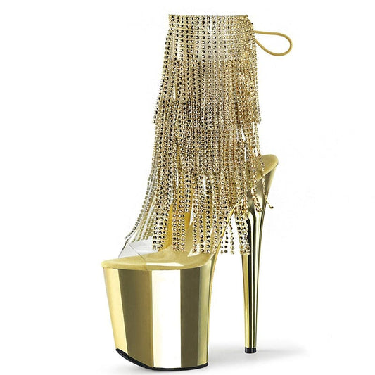 Extremely high-heeled gold platform shoe with dangling rhinestone fringe covering the ankle and calf area.