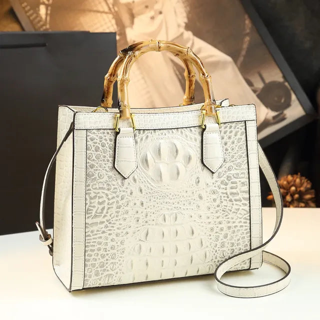 Genuine Leather Bamboo Handle Crocodile Pattern Ladies Handbag - Pleasures and Sins   Pleasures and Sins