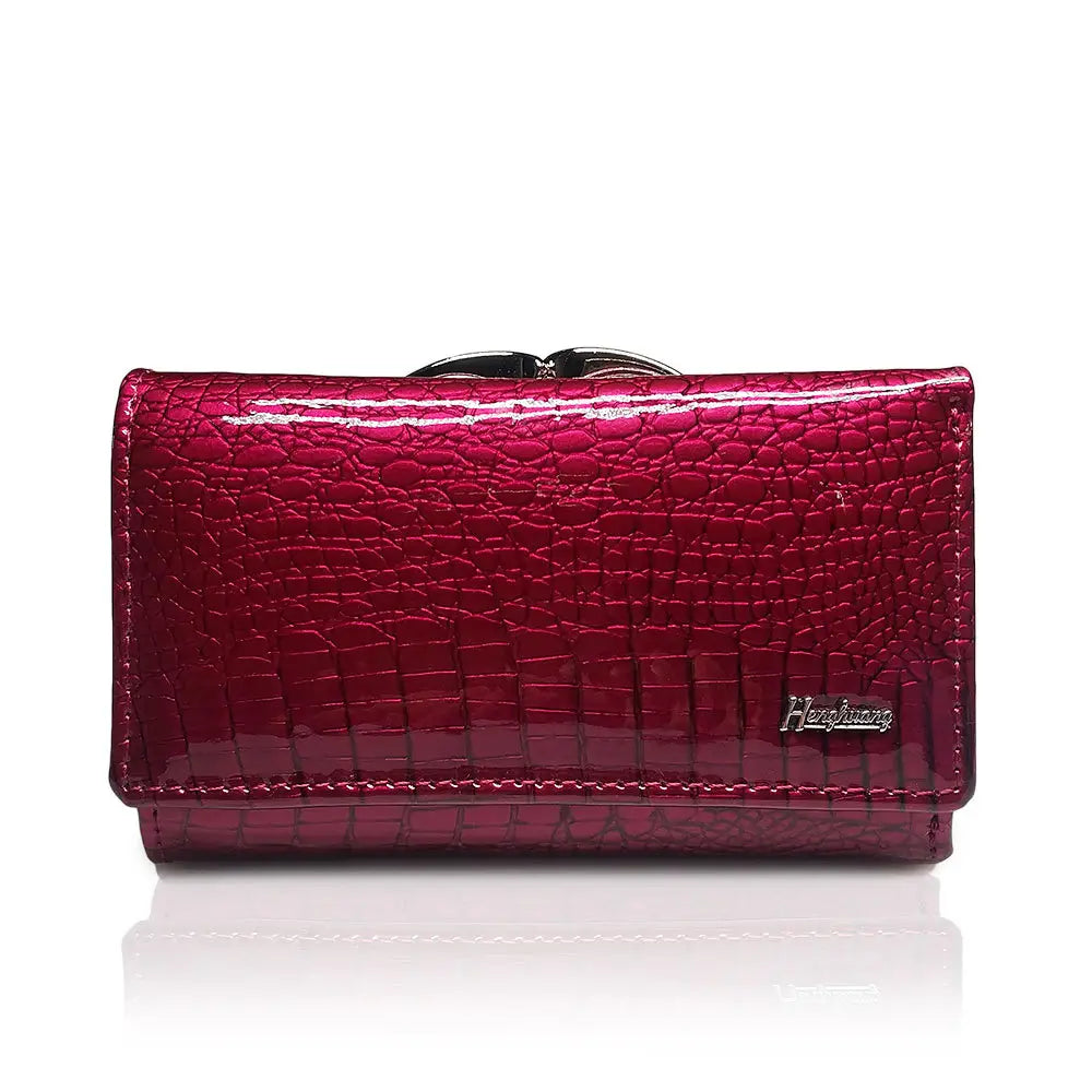 Wine Red Patent Leather Crocodile Print Purse featuring a stylish gold clasp.