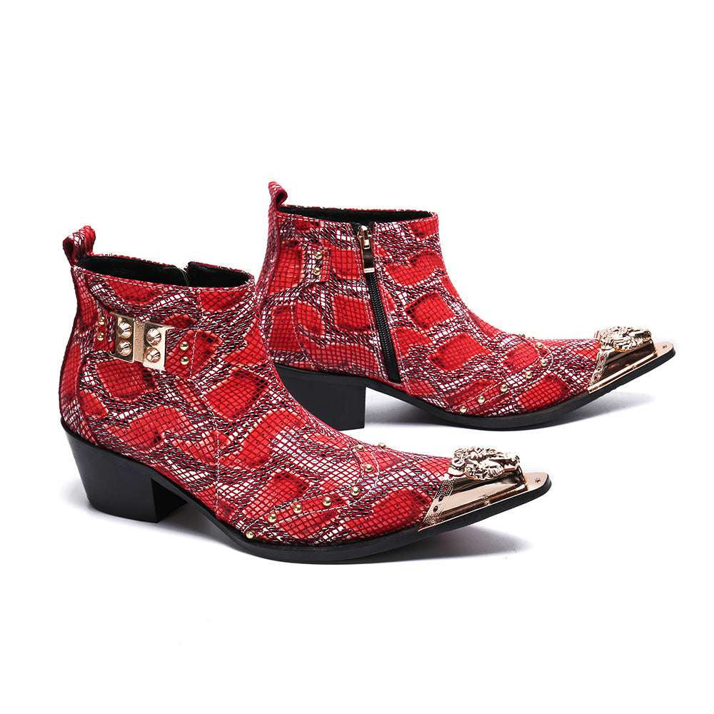 Mens Snake Print Short Leather Metal Toe Buckle Boots