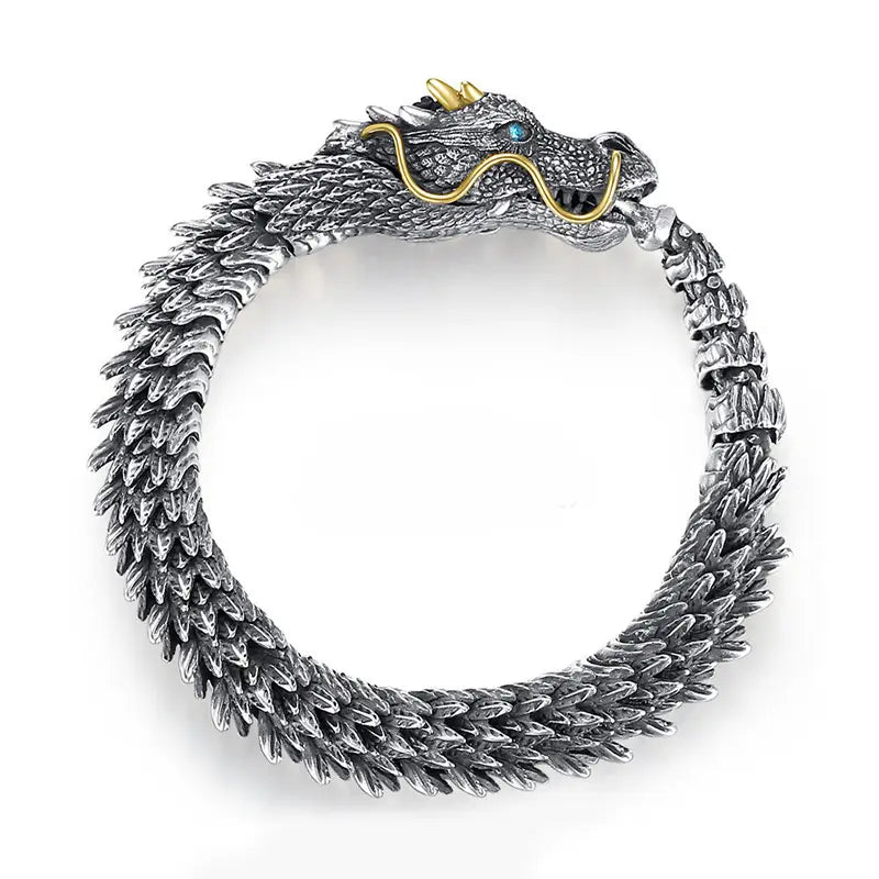 Ornate Silver Plated Mens Retro Dragon Bracelet with Gold Accents and Turquoise Eyes