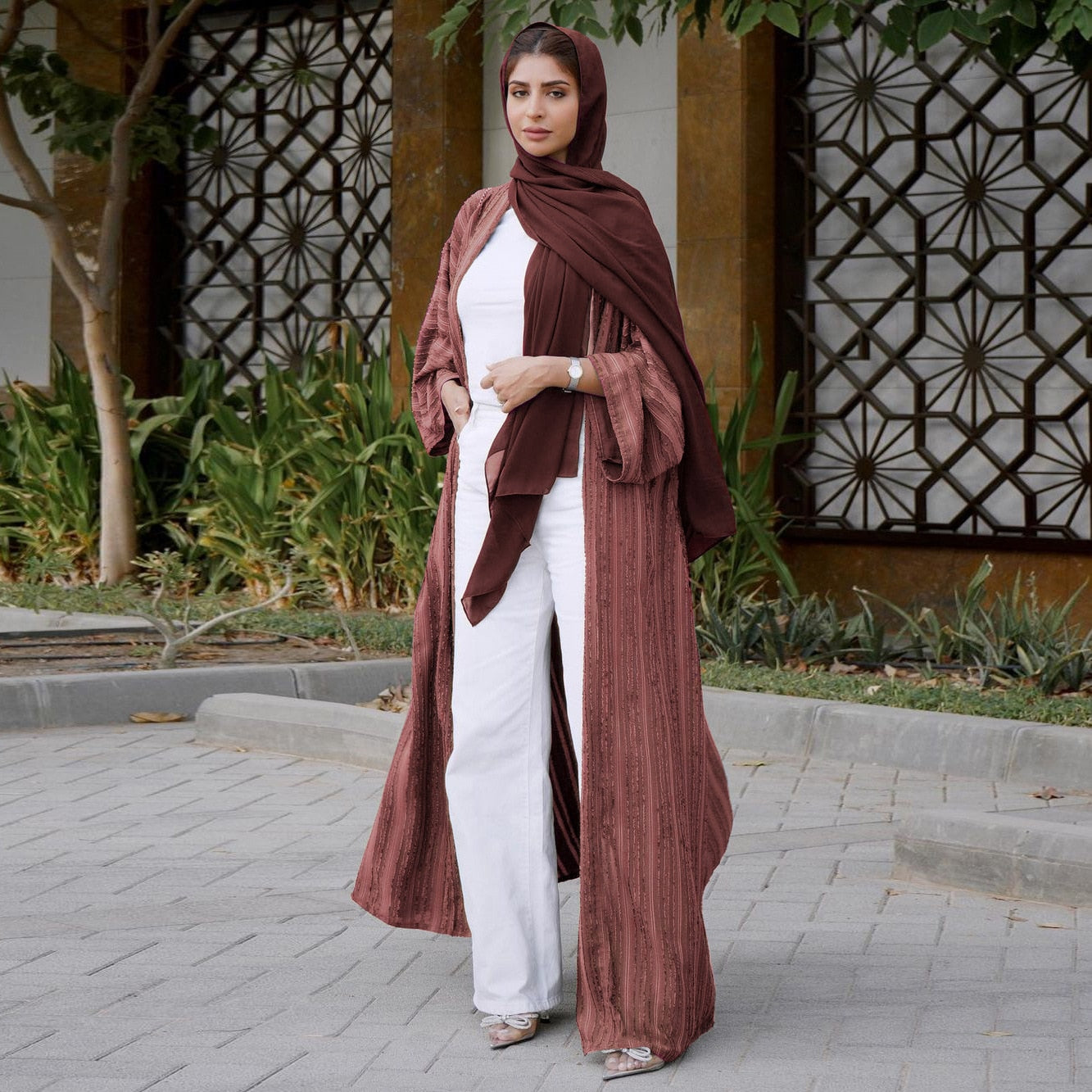 Ramadan Eid Djellaba Abaya Long Sleeve Muslim Dress With Belt Muslim Clothing Pleasures and Sins brick red no scarf XXL 