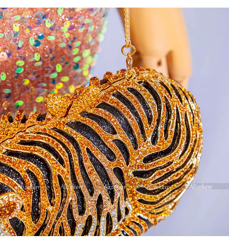 Metal Bling RhinestoneTiger Evening Luxury Clutch Bag