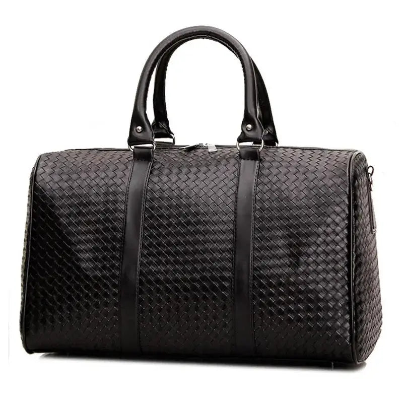 Stylish Black Woven Leather Duffle Bag for Unisex Luggage on Business Trip Carry.