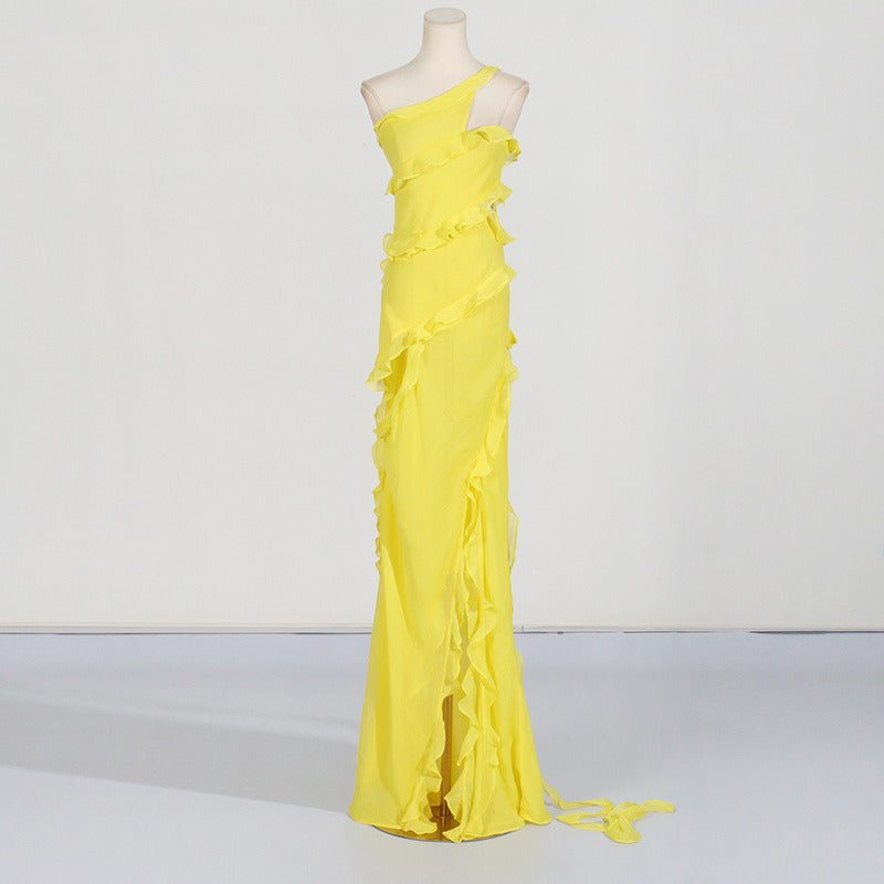 Yellow Elegant style one shoulder long dress asymmetric split - Pleasures and Sins   Pleasures and Sins