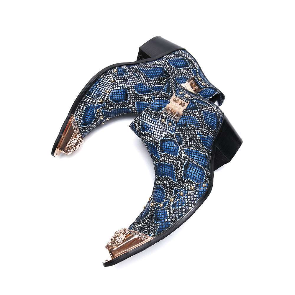 Mens Snake Print Short Leather Metal Toe Buckle Boots