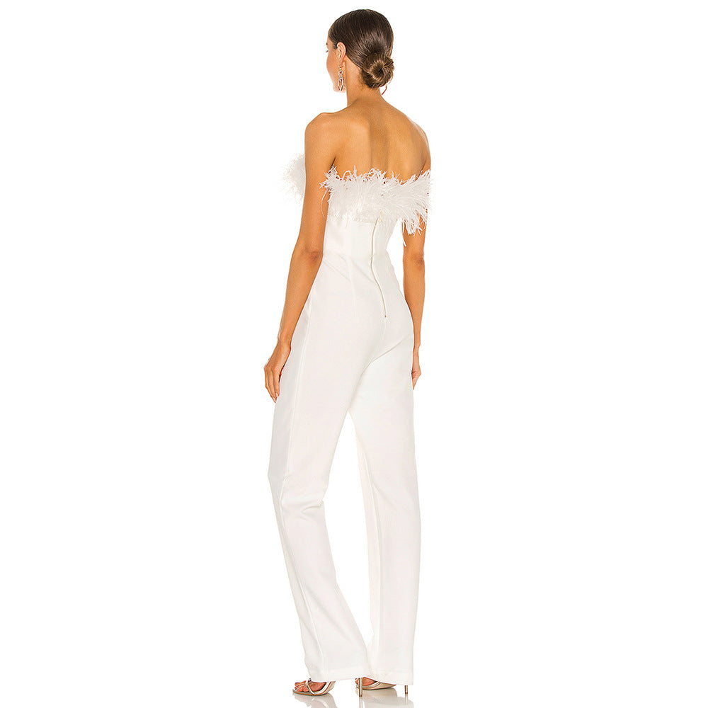 Summer Sleeveless Feather Neckline Designer Sexy Slim Waist Jumpsuit - Pleasures and Sins   Pleasures and Sins