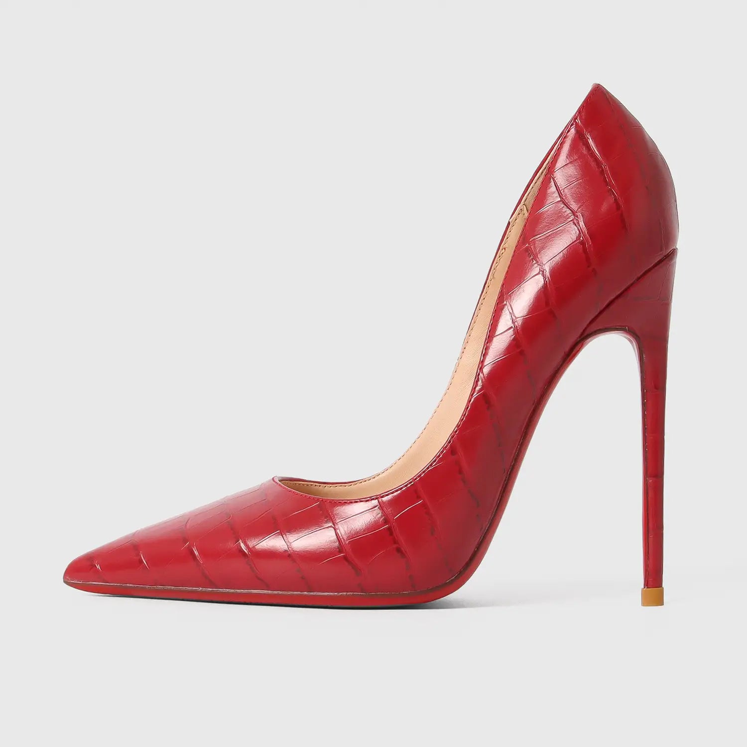 Red patent leather stiletto pump with crocodile texture and stylish red sole.