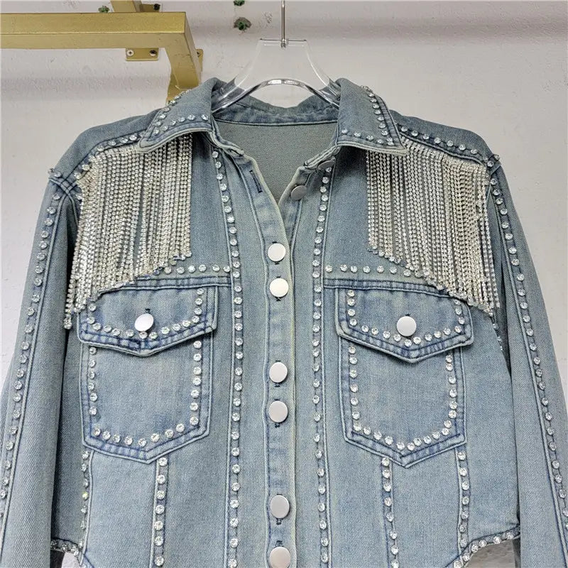 Veste en denim épais à chaîne en diamant pour femmes, design de niche