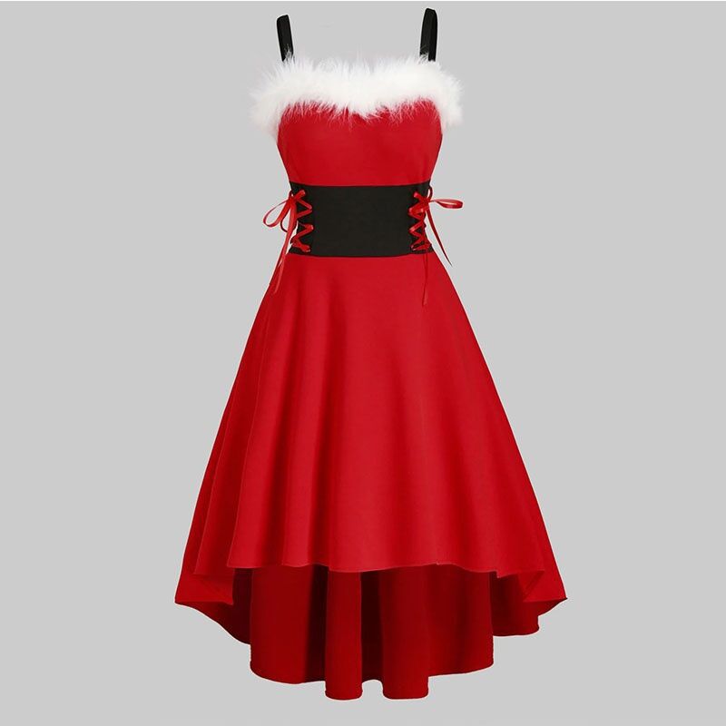 Red Lace Christmas Dress with Musical Notes and Santa