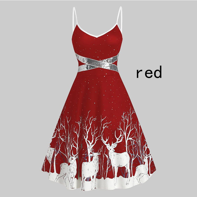 Red Lace Christmas Dress with Musical Notes and Santa