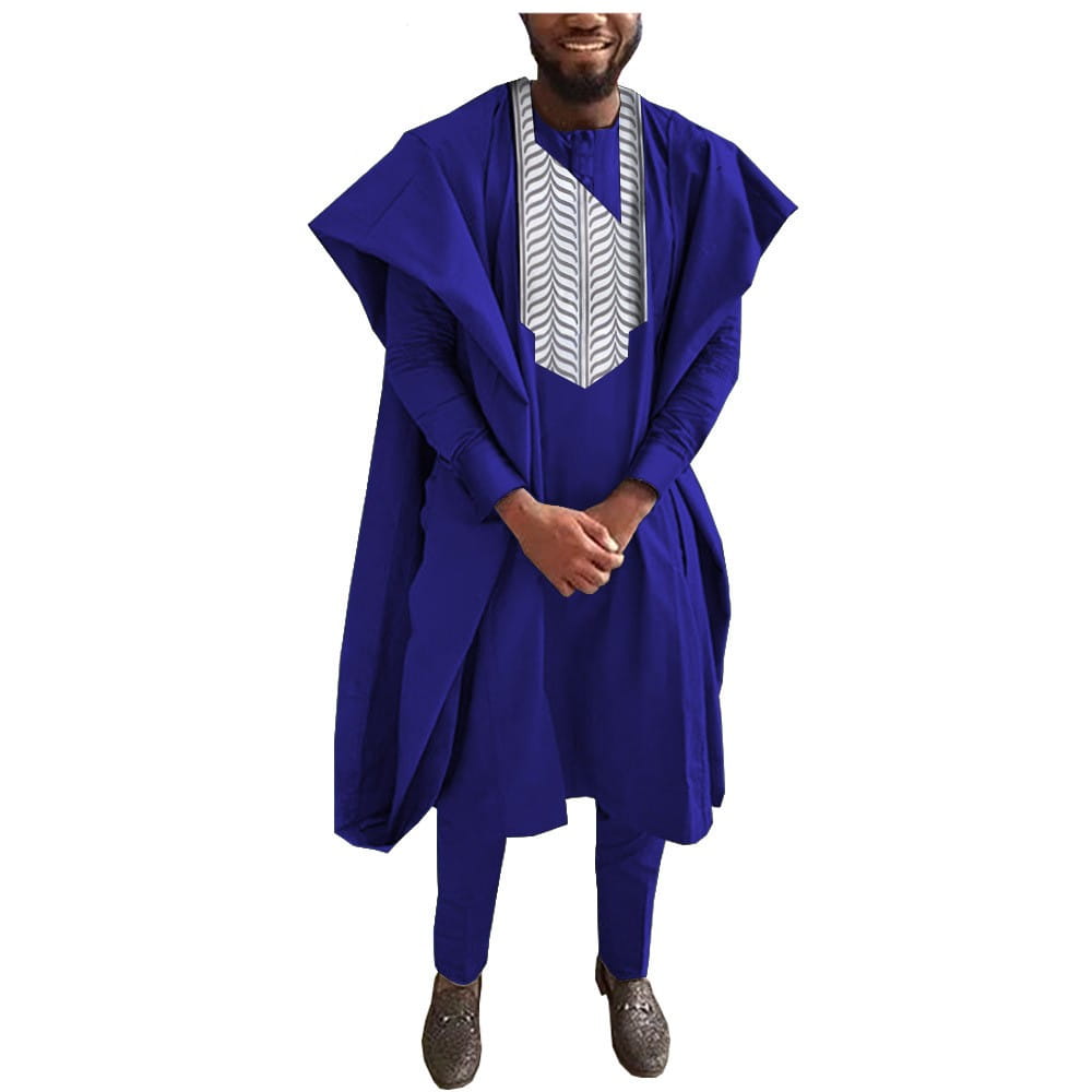 Traditional African men’s tuxedo with royal blue agbada and chevron embroidery.