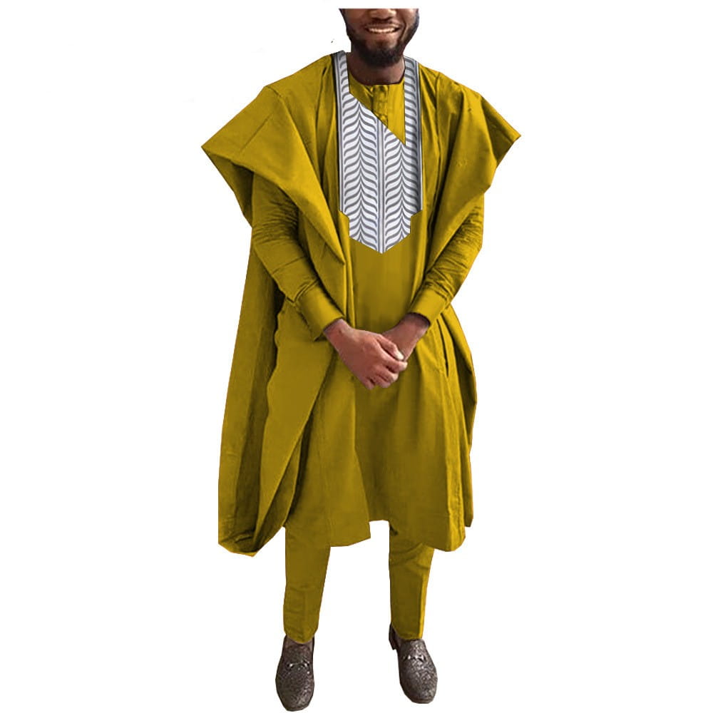 Traditional African Men’s tuxedo three-piece suit in mustard yellow with embroidery.