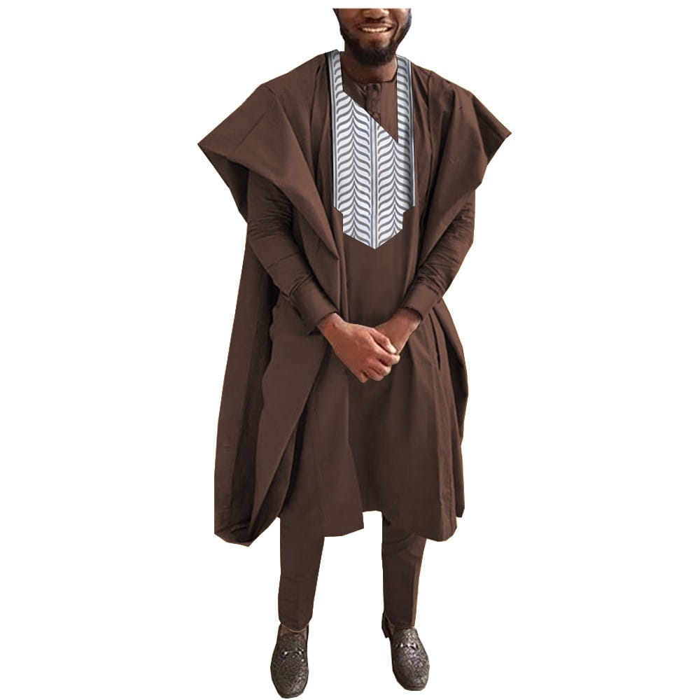 Traditional African Men’s tuxedo with brown agbada robe and white chevron design.