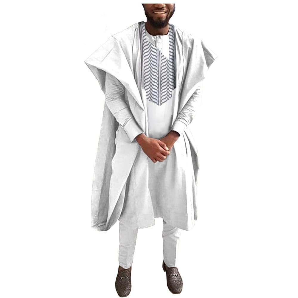 Traditional African men’s tuxedo three-piece suit featuring white agbada and geometric patterns.