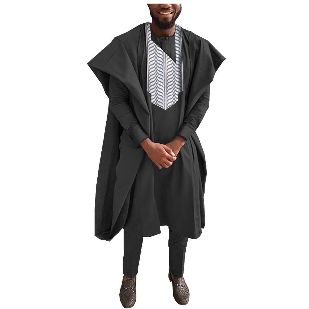 Black Agbada robe with chevron embroidery for Traditional African Men’s Tuxedo set.